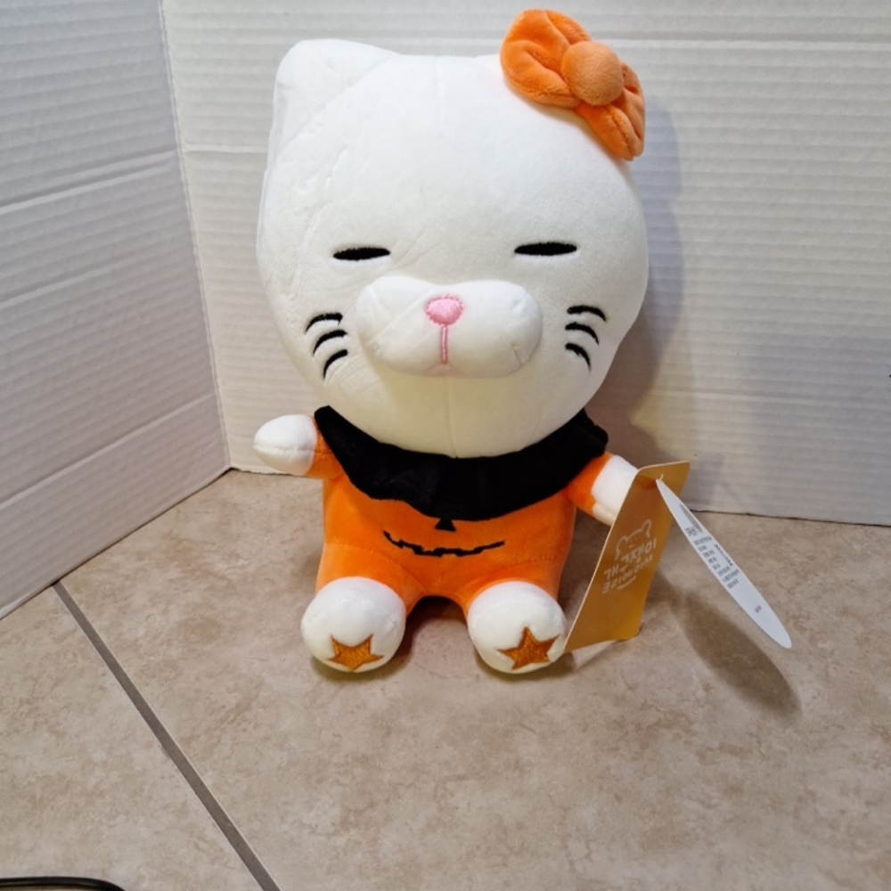 Halloween White Orange Black Mochi Cat Plush Kitty Jack 'O Lantern 9"